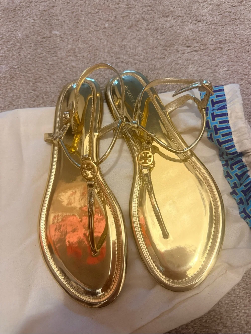 Tory Burch Gold Metallic Logo Thong Sandals